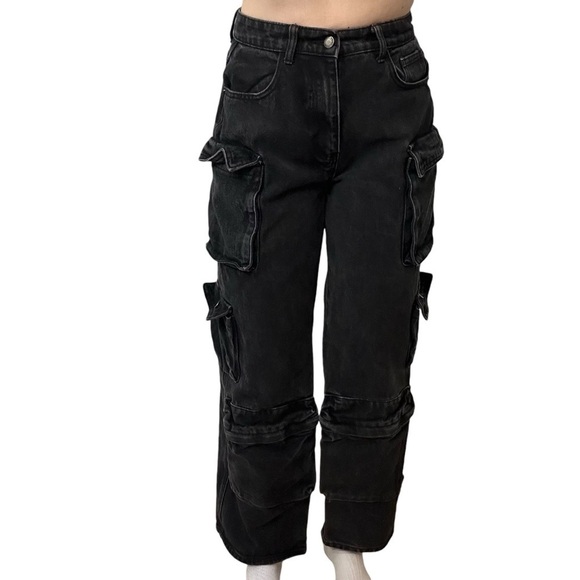 PrettyLittleThing Cargo Pants Jeans Wide Leg Denim Black Streetwear Size 4 Small - Picture 7 of 7